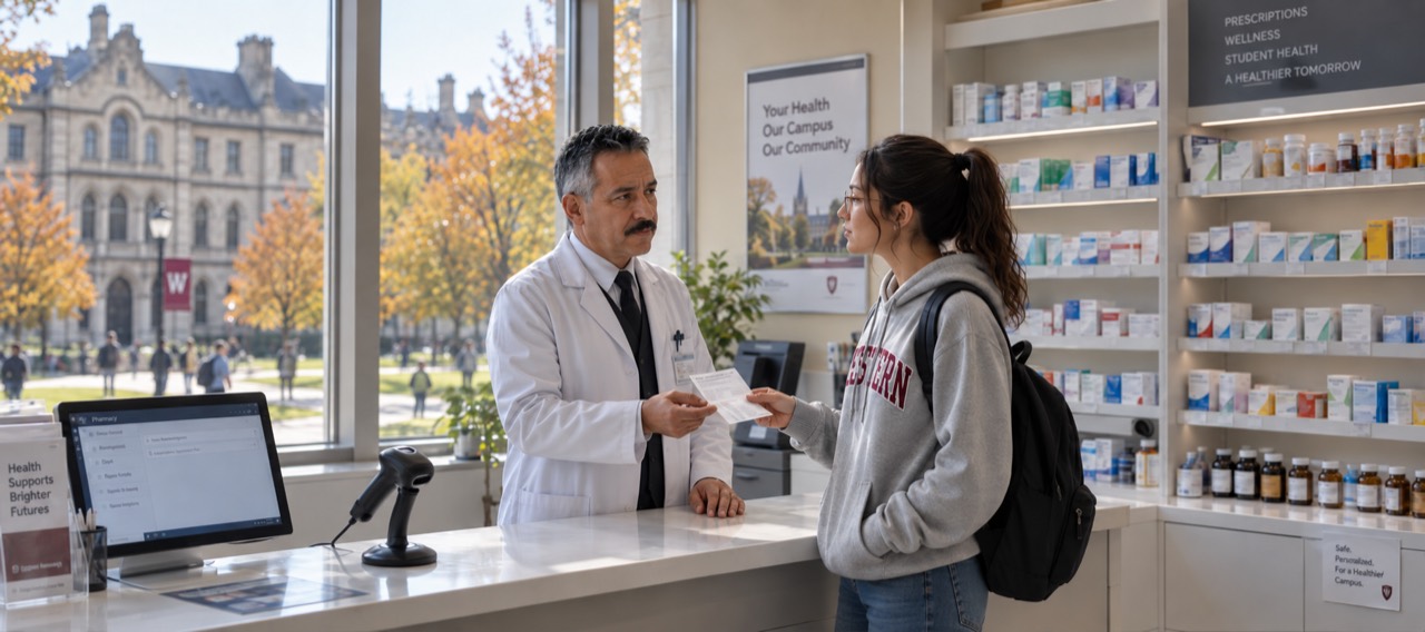A pharmacist helping a Western student at the pharmacy counter